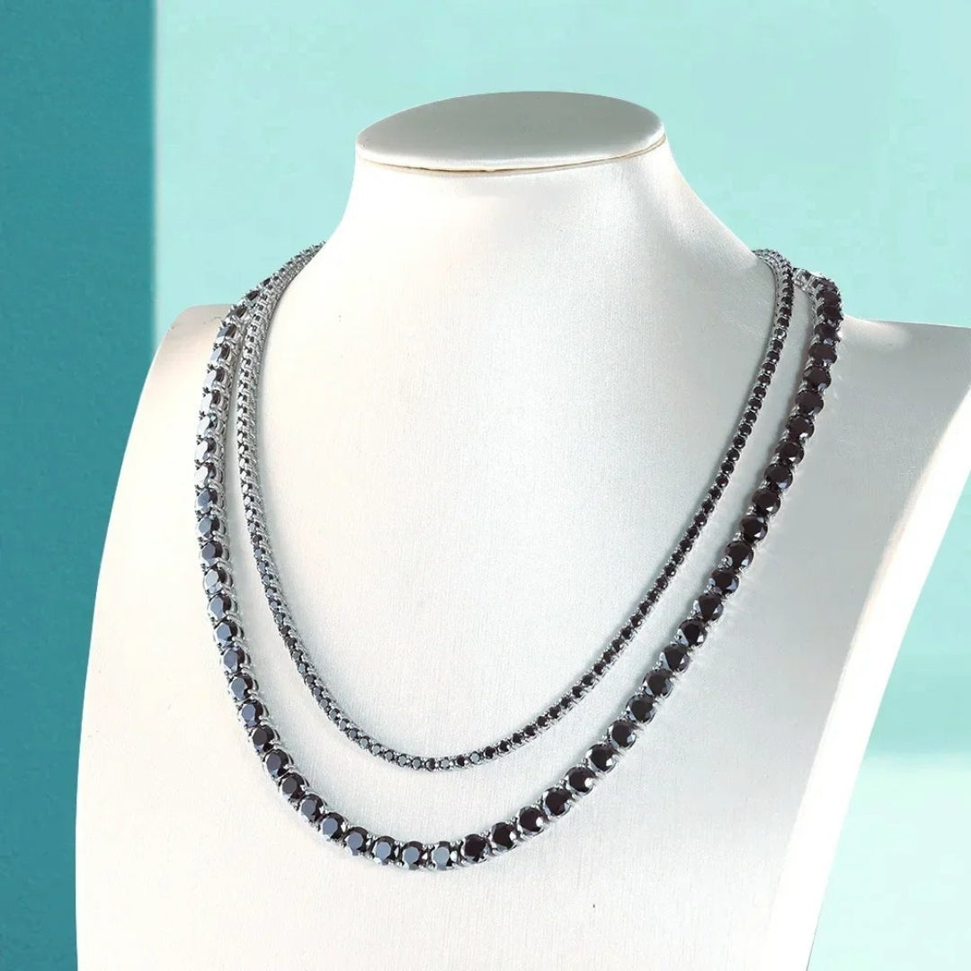 Black Moissanite Tennis Necklace – 3mm–6.5mm with Certificates | 925 Sterling Silver Lab Diamond Hip Hop Chain for Men & Women