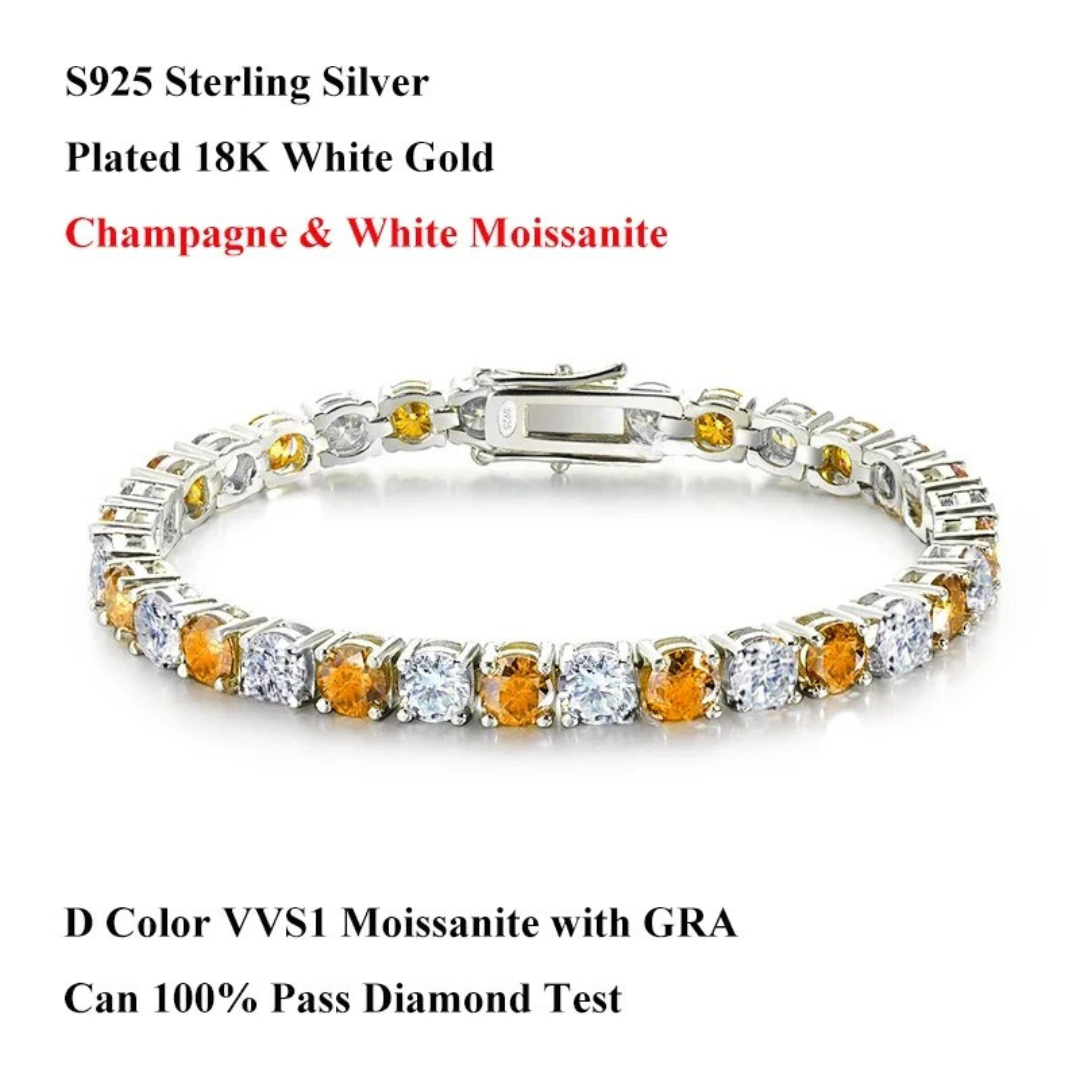 Moissanite Tennis Bracelet – D Color Blue, Green, White | 3mm–6.5mm | 925 Sterling Silver Diamond Link for Men & Women