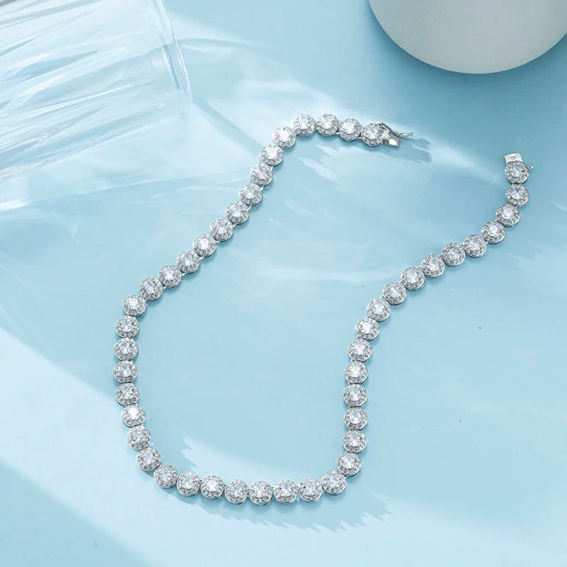 Moissanite Tennis Necklace – Full Zircon Design | Silver White Gold Plated Chain Jewelry Gift for Men & Women