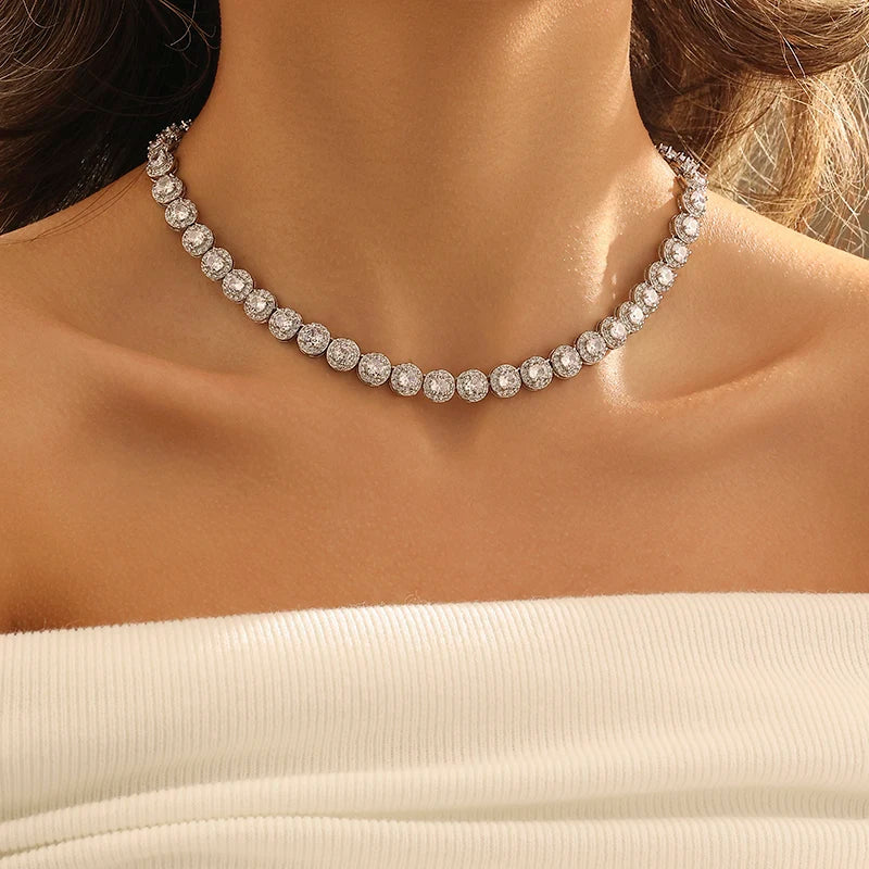 Moissanite Tennis Necklace – Full Zircon Design | Silver White Gold Plated Chain Jewelry Gift for Men & Women