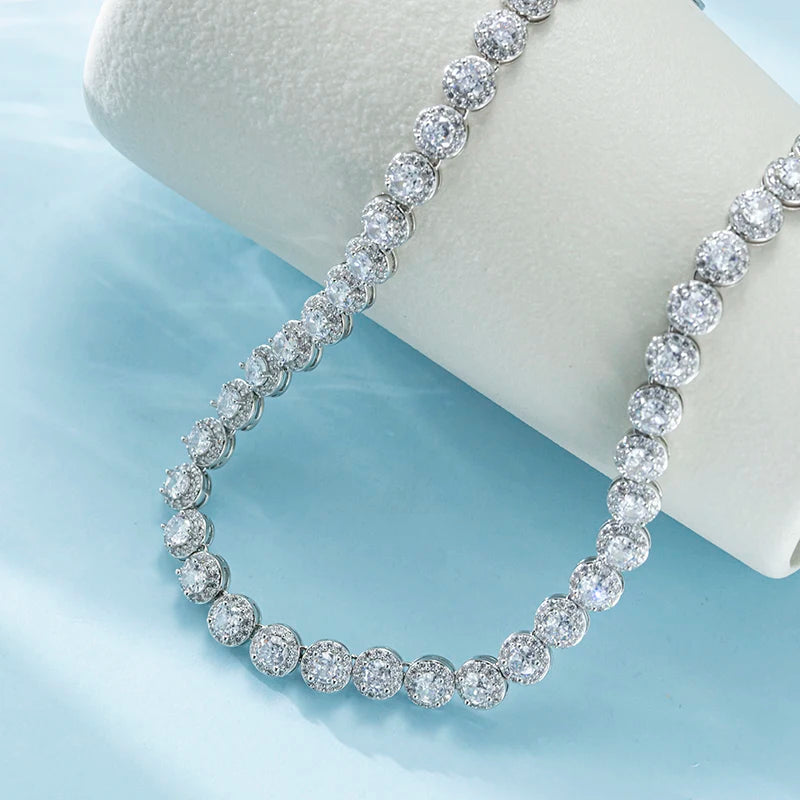 Moissanite Tennis Necklace – Full Zircon Design | Silver White Gold Plated Chain Jewelry Gift for Men & Women