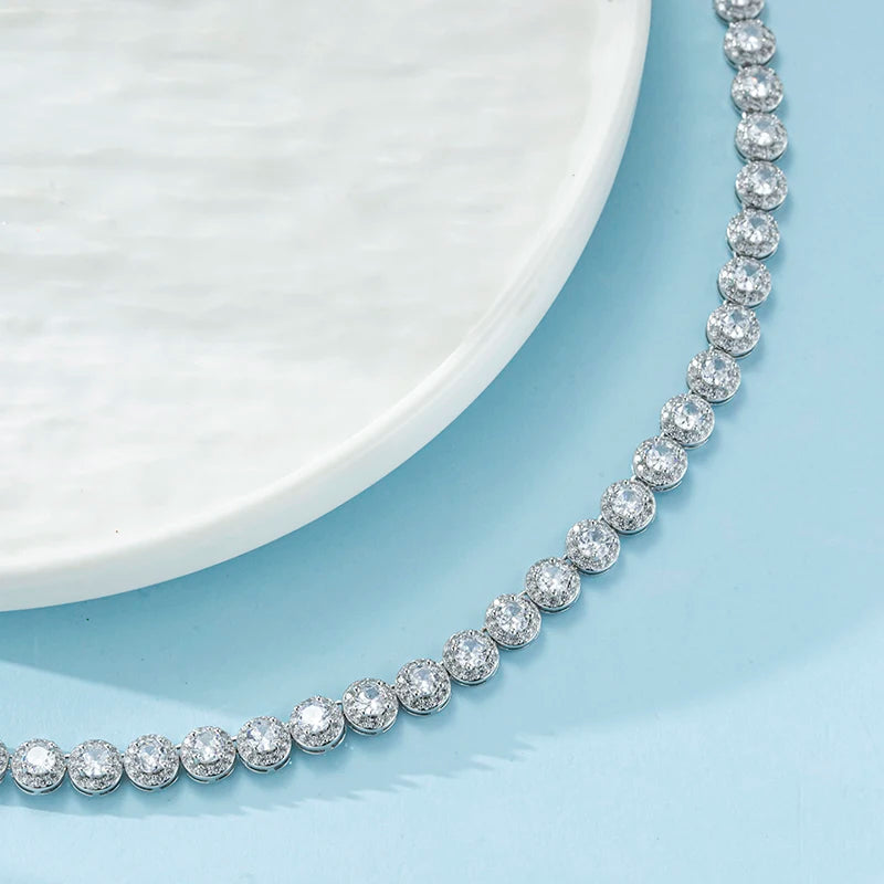 Moissanite Tennis Necklace – Full Zircon Design | Silver White Gold Plated Chain Jewelry Gift for Men & Women