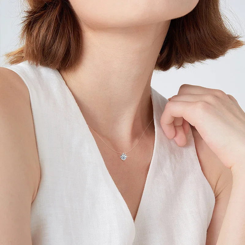 Moissanite Necklace for Women – 0.5ct 1ct 2ct 3ct Certified Brilliant Cut Pendant | Sparkling Fishing Line Design Pure 925 Sterling Silver