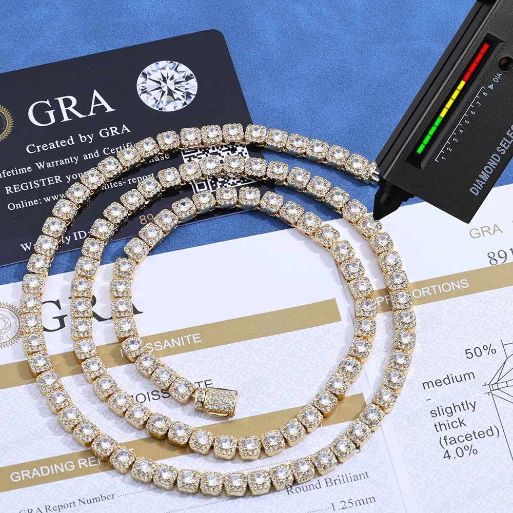 Moissanite Tennis Chain Necklace – 5mm Luxury Custom VVS Diamond Cluster | 925 Sterling Silver Jewelry