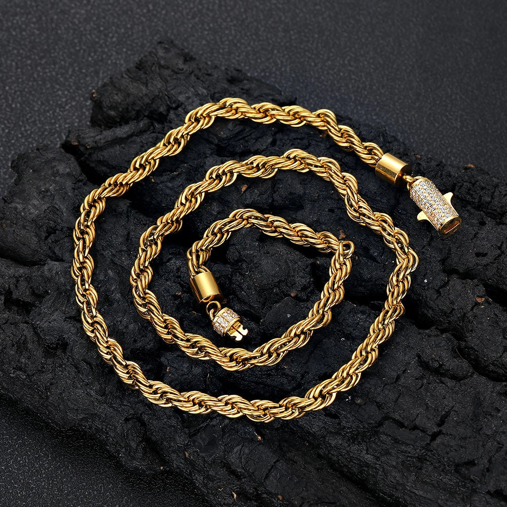 Rope Chain Necklace – 6mm Twist Design with Iced Out Clasp | Stainless Steel Hip Hop Jewelry for Men & Women