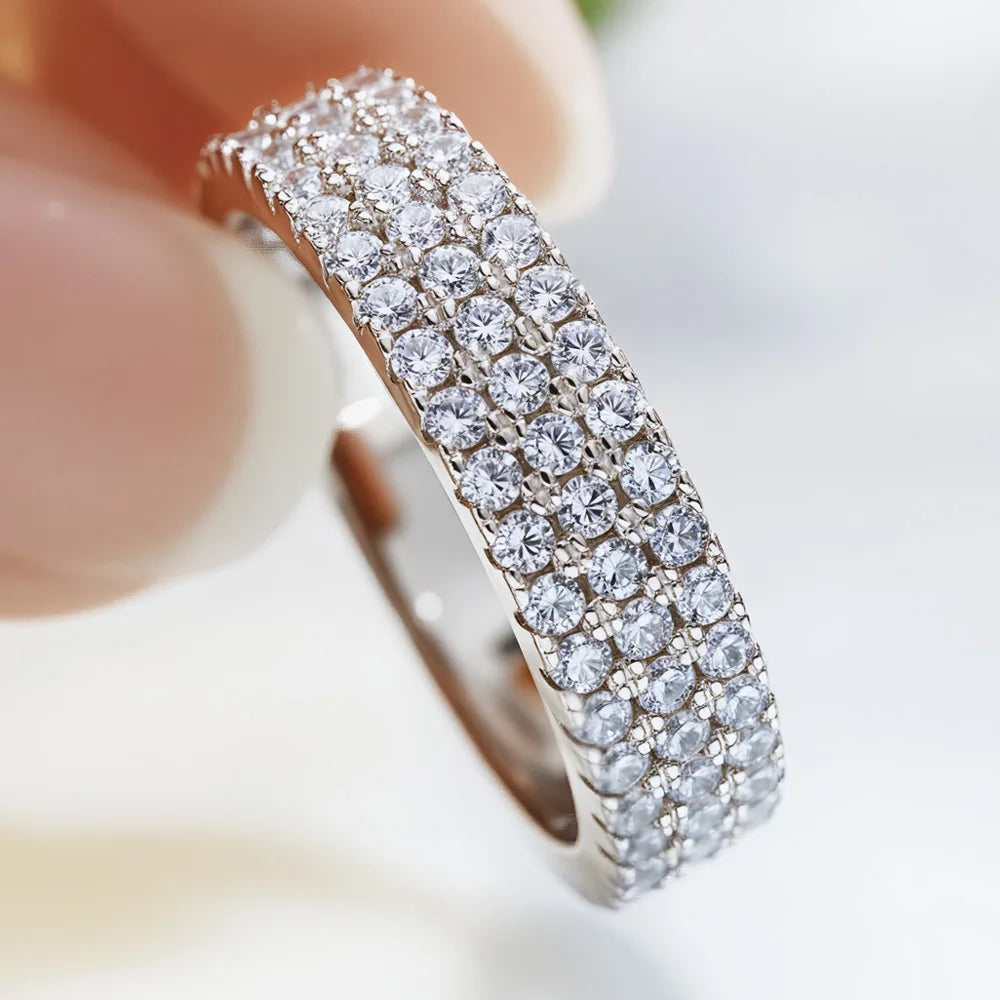 Moissanite Ring – 3 Rows Sparkling Hip Hop Design | 925 Sterling Silver Party Jewelry for Men & Women