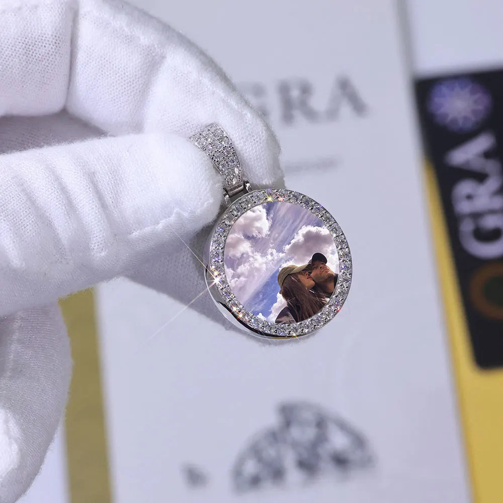 Moissanite Photo Pendant – Custom Circle Picture Chain | 925 Sterling Silver Hip Hop D Color VVS Diamond Pendant Necklace for Men & Women