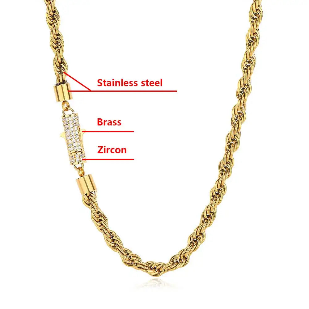 Rope Chain Necklace – 6mm Twist Design with Iced Out Clasp | Stainless Steel Hip Hop Jewelry for Men & Women