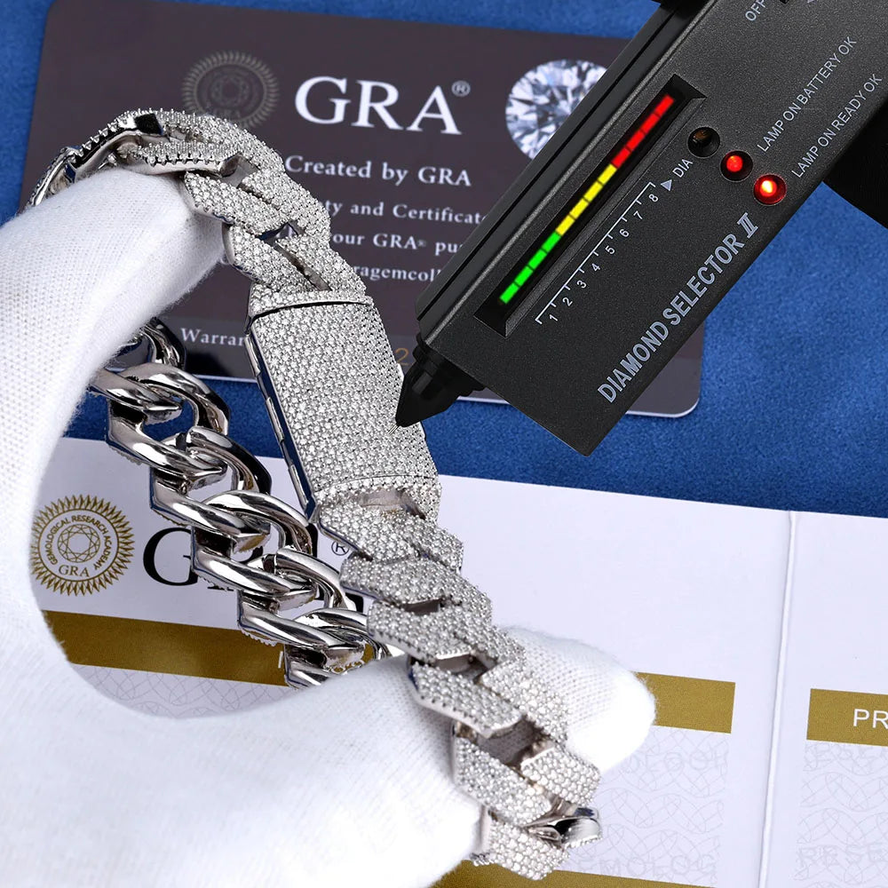 Moissanite Cuban Chain Necklace & Bracelet – 15mm 4 Rows Round Cut VVS Diamond with GRA Certificate | 925 Sterling Silver Jewelry Gift