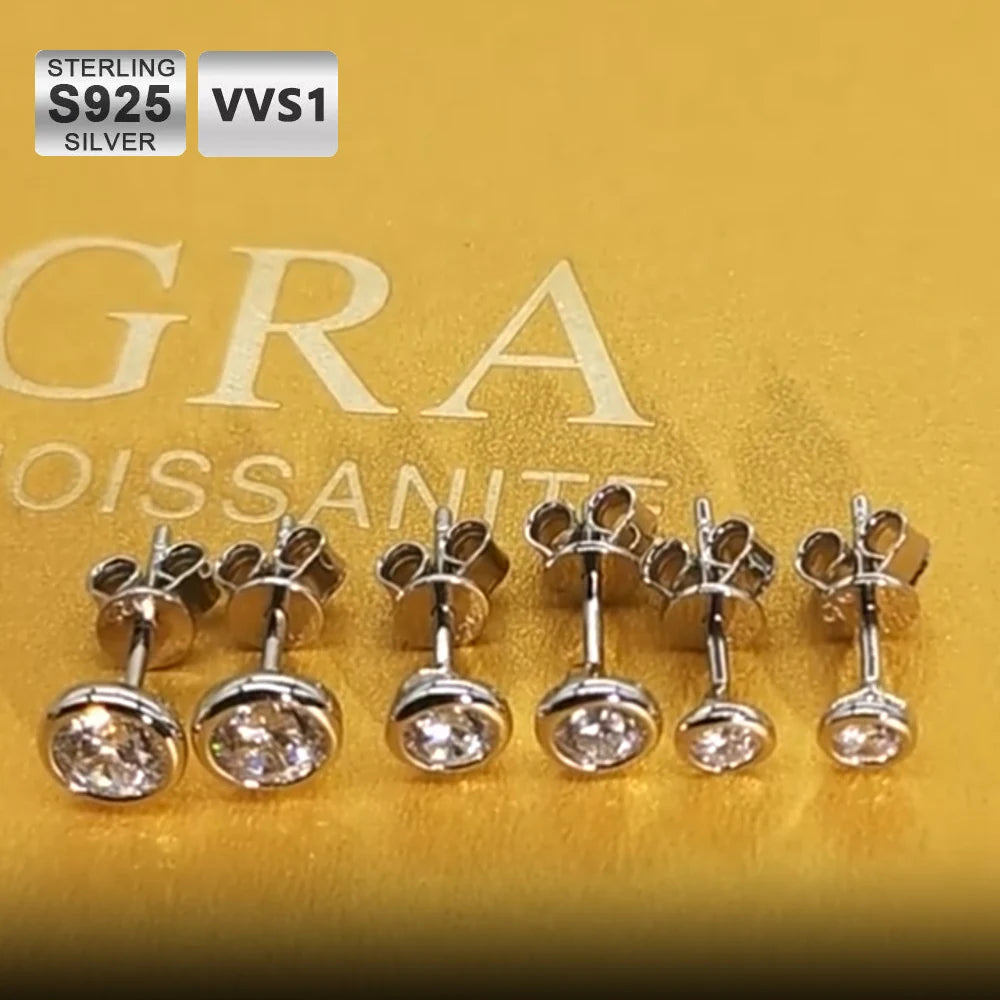 Moissanite Stud Earrings – 0.3ct 0.5ct 1ct Round Cut Bezel Design | 925 Sterling Silver Jewelry for Women