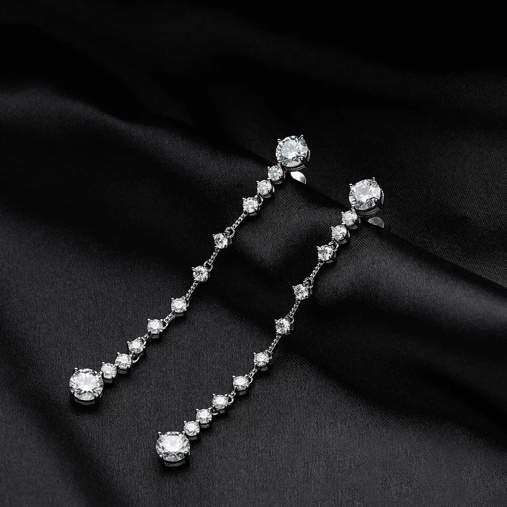 Moissanite Drop Earrings – 6cttw Long Dangle Design with GRA | 925 Sterling Silver Lab Diamond Bridal Wedding Jewelry for Women