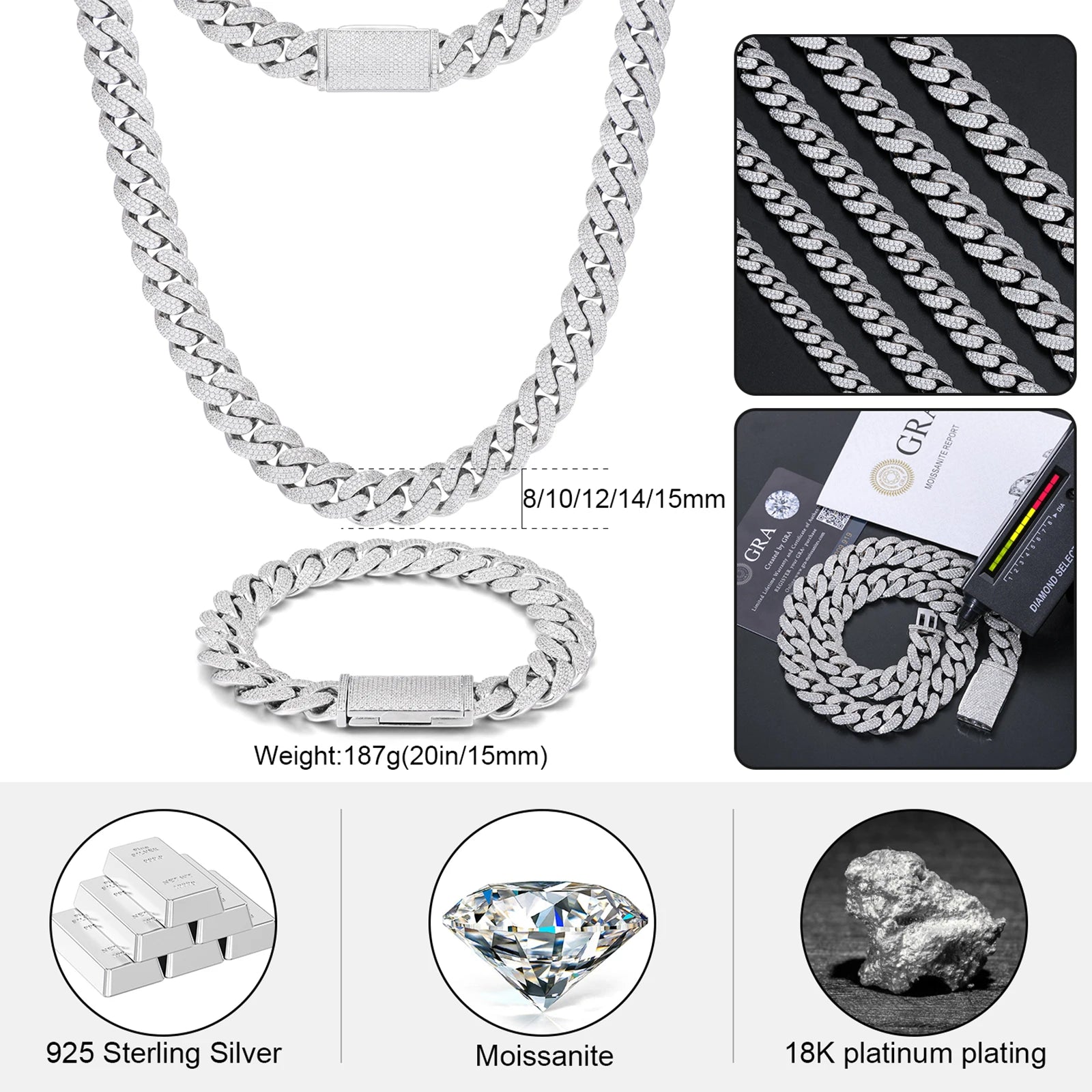 Moissanite Cuban Link Chain Necklace – 8mm–20mm | S925 Sterling Silver Hip Hop Jewelry for Men & Women