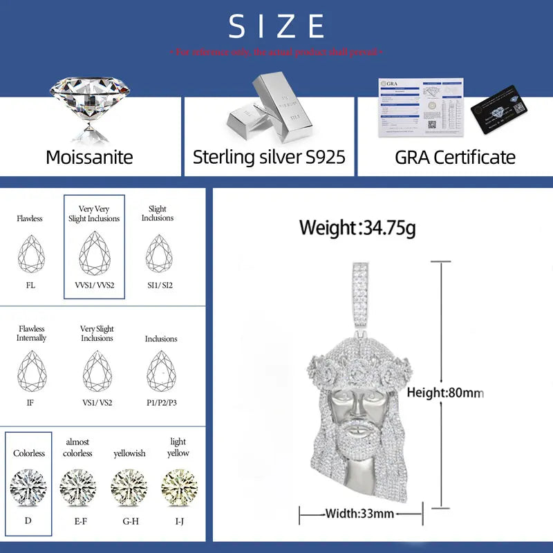 Moissanite Jesus Head Pendant Necklace – Iced Out VVS | 925 Sterling Silver Hip Hop Christian Jewelry for Men & Women