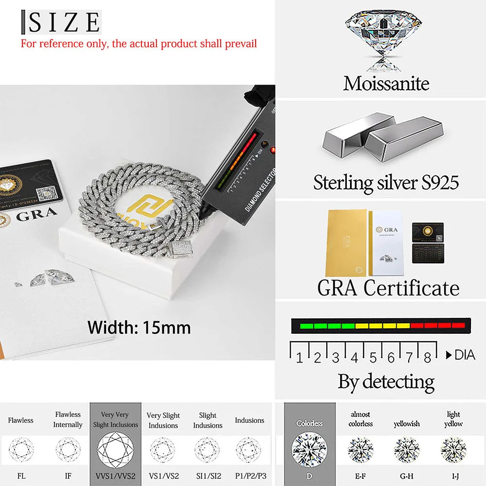 Moissanite Cuban Link Chain Necklace – 15mm Hip Hop Iced Out VVS Diamond Miami Style with Box Buckle | 925 Sterling Silver Jewelry