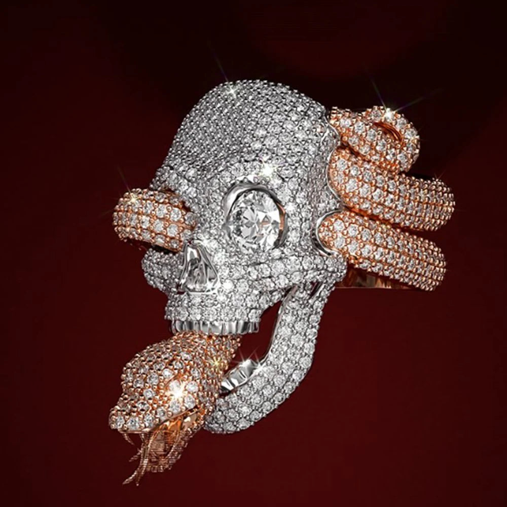 Moissanite Skull Snake Ring – Iced Out Design | S925 Sterling Silver Luxury Hip Hop Jewelry for Men & Women