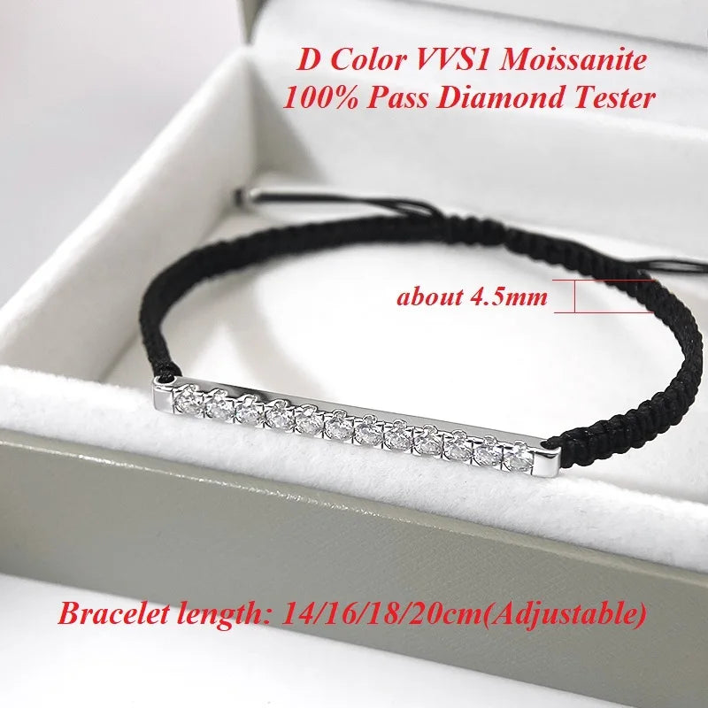 Moissanite Adjustable Bracelet – D Color with GRA Certificate | 925 Sterling Silver Braided Rope Chain Jewelry for Men & Women