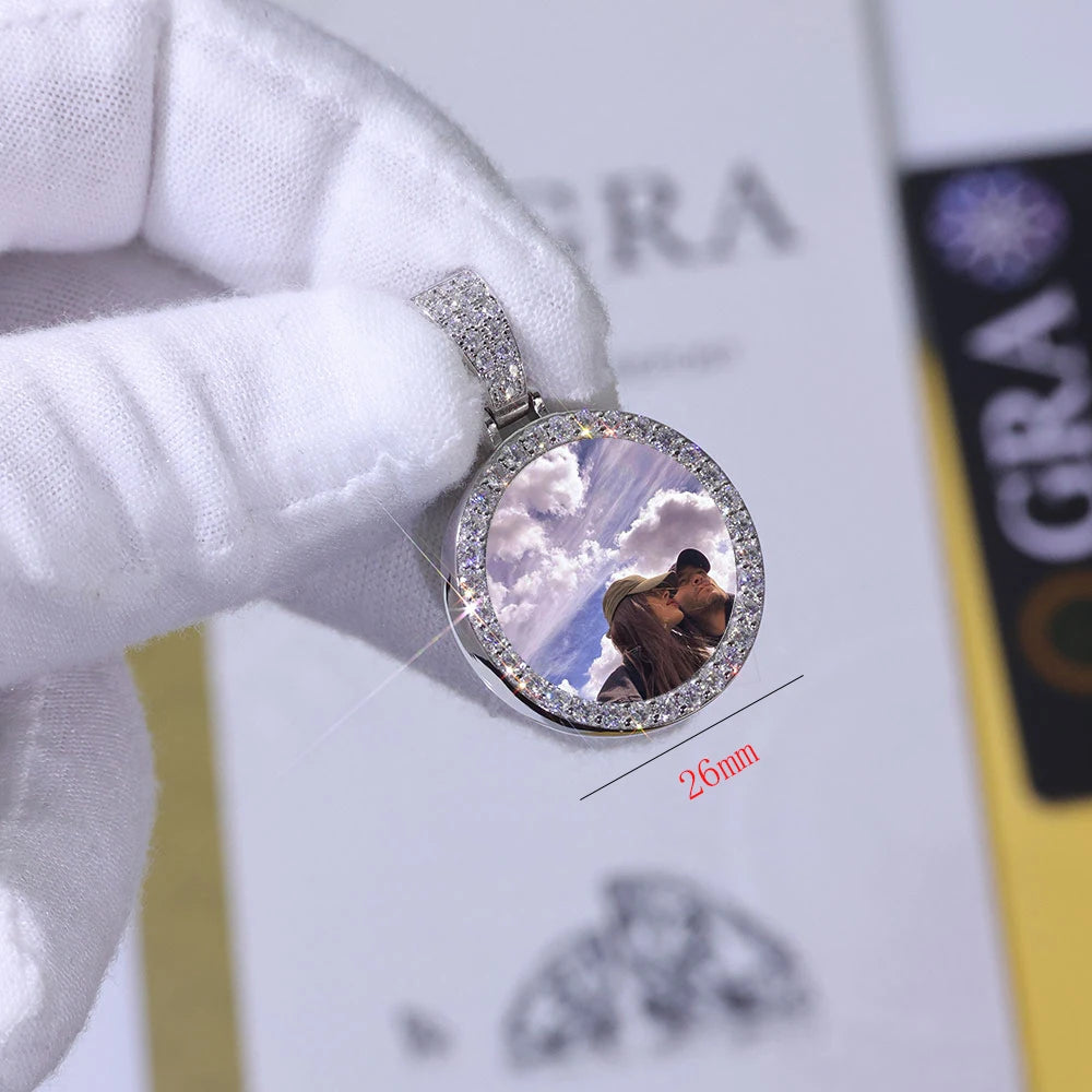 Moissanite Photo Pendant – Custom Circle Picture Chain | 925 Sterling Silver Hip Hop D Color VVS Diamond Pendant Necklace for Men & Women
