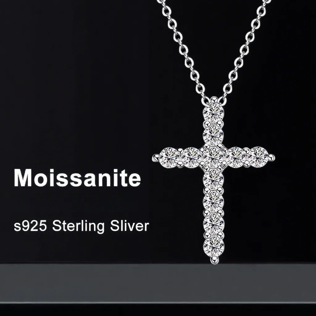 Moissanite Cross Pendant Necklace – Full Moissanite Design | 925 Sterling Silver White Gold Plated Chain Fine Jewelry for Women & Men