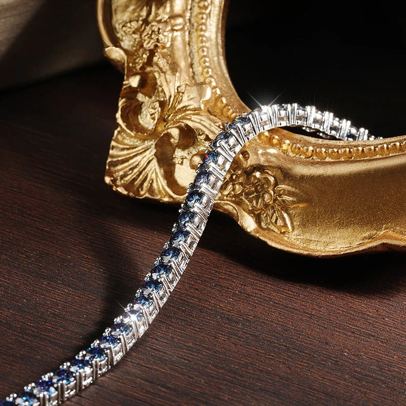 Moissanite Tennis Bracelet – 3mm 4mm Blue Lab Grown Diamond with Certificate | 925 Sterling Silver 18K Gold Plated Bracelet for Women & Men