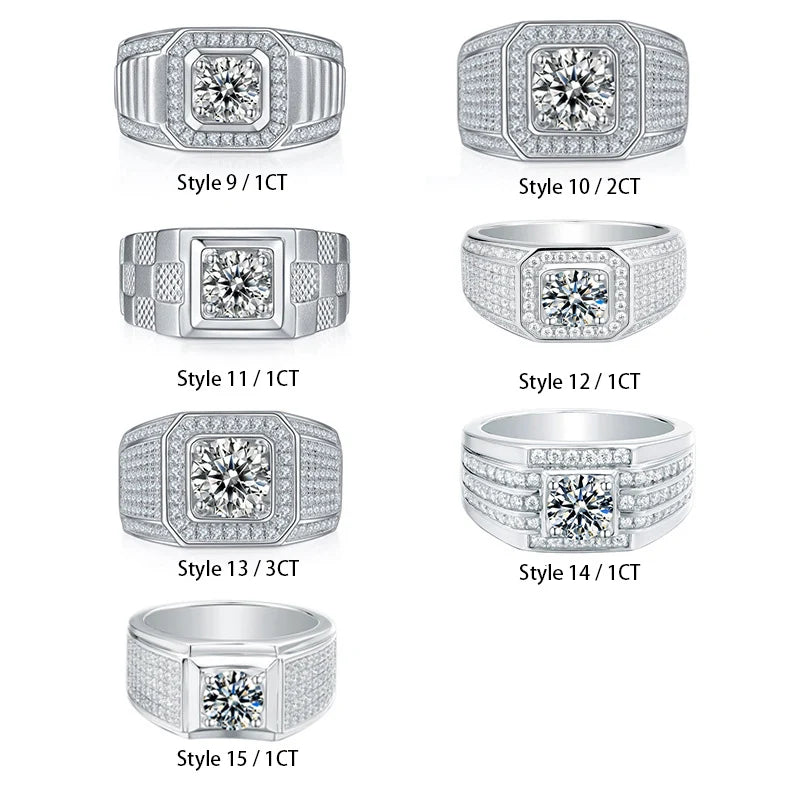 Luxury Moissanite Ring for Men – 1ct 2ct 3ct VVS Iced Out Diamond Ring with GRA Certificate | 925 Sterling Silver Fine Jewelry