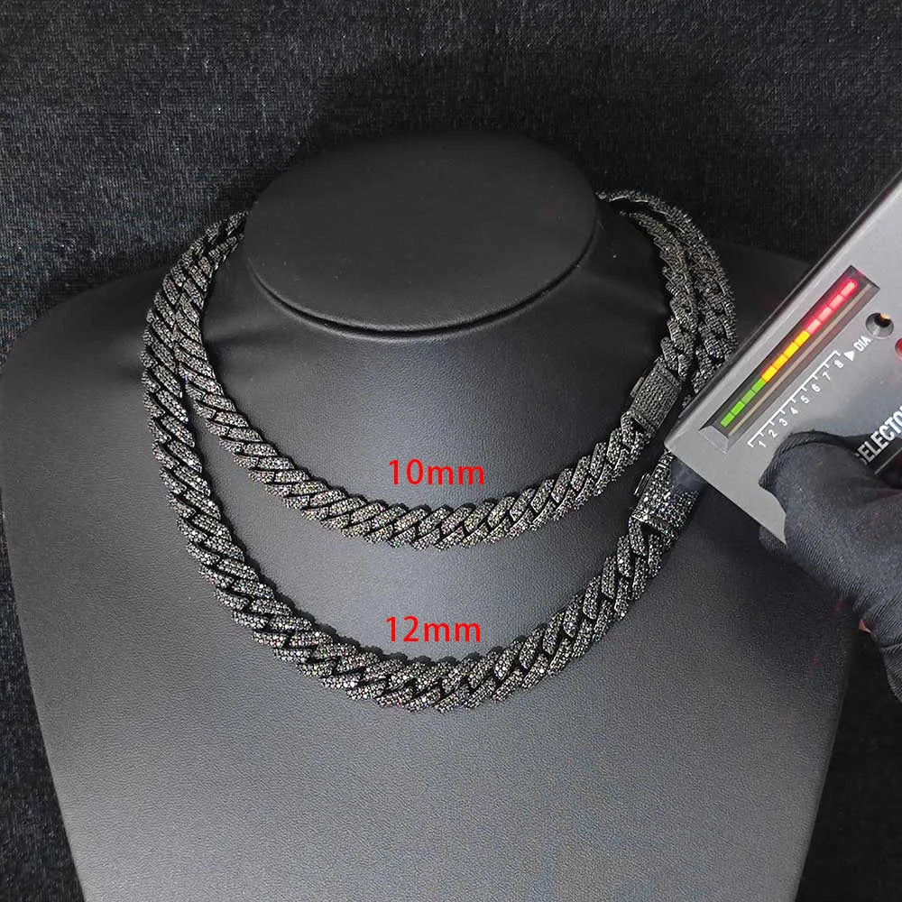 Moissanite Cuban Link Chain Necklace – 10mm 12mm Black Plated Iced Out VVS Hip Hop Jewelry | 925 Sterling Silver for Men