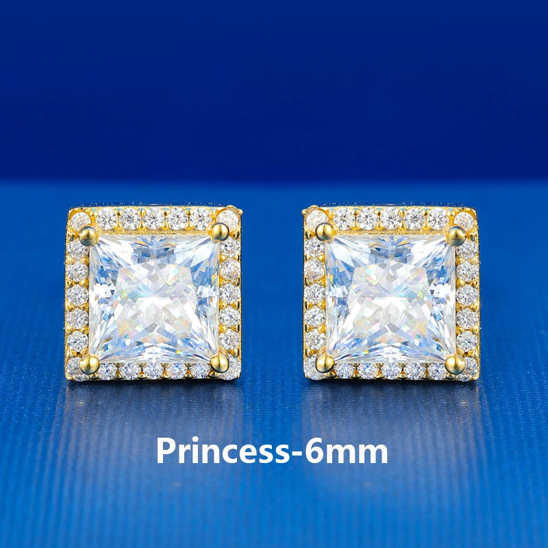 Moissanite Halo Stud Earrings – Princess Cut | 925 Sterling Silver Pass Tester Luxury Jewelry for Men & Women
