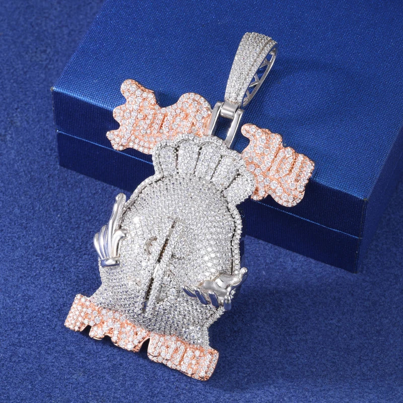 Moissanite Money Bag Pendant Necklace – Iced Out Dollar Design | S925 Sterling Silver Hip Hop Jewelry for Men & Women
