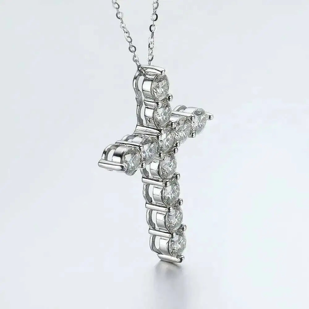 Moissanite Cross Pendant Necklace – Full Moissanite Design | 925 Sterling Silver White Gold Plated Chain Fine Jewelry for Women & Men