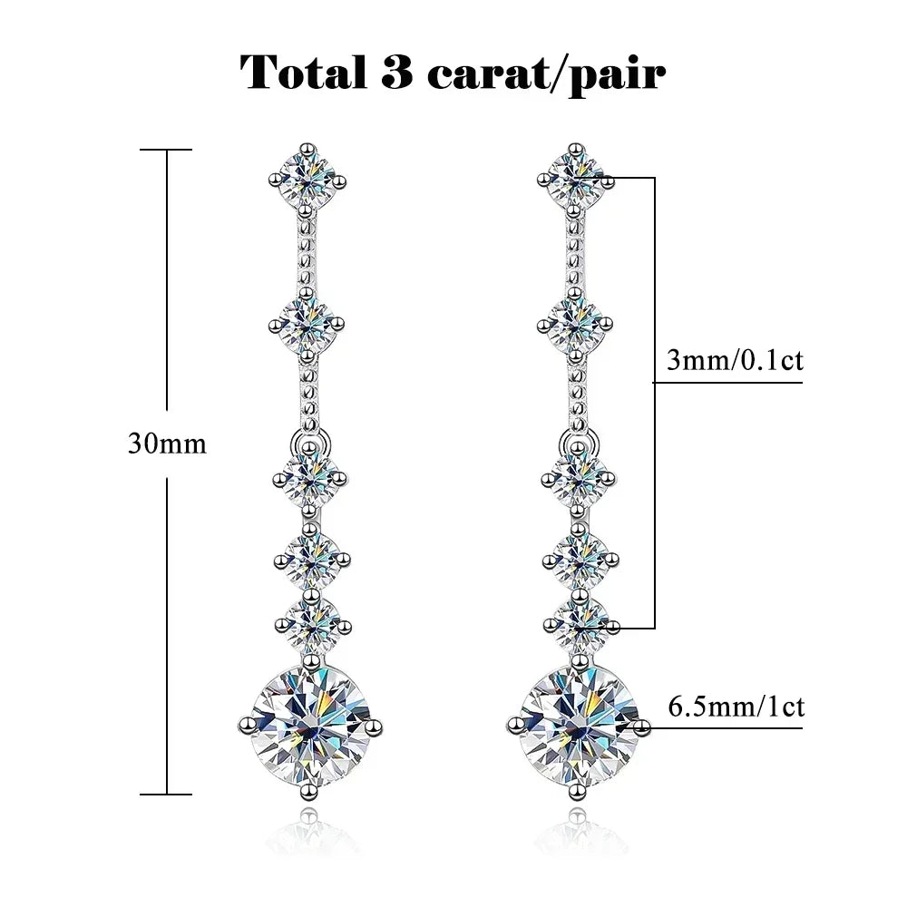 Moissanite Drop Earrings – 6cttw Long Dangle Design with GRA | 925 Sterling Silver Lab Diamond Bridal Wedding Jewelry for Women