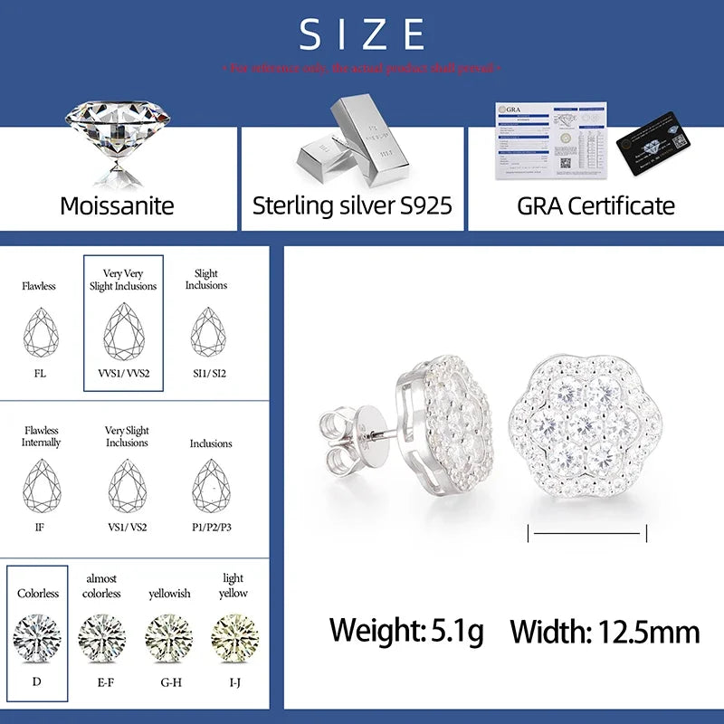 Moissanite Flower Stud Earrings – Iced Out Bling | 925 Sterling Silver Luxury Hip Hop Jewelry for Men & Women
