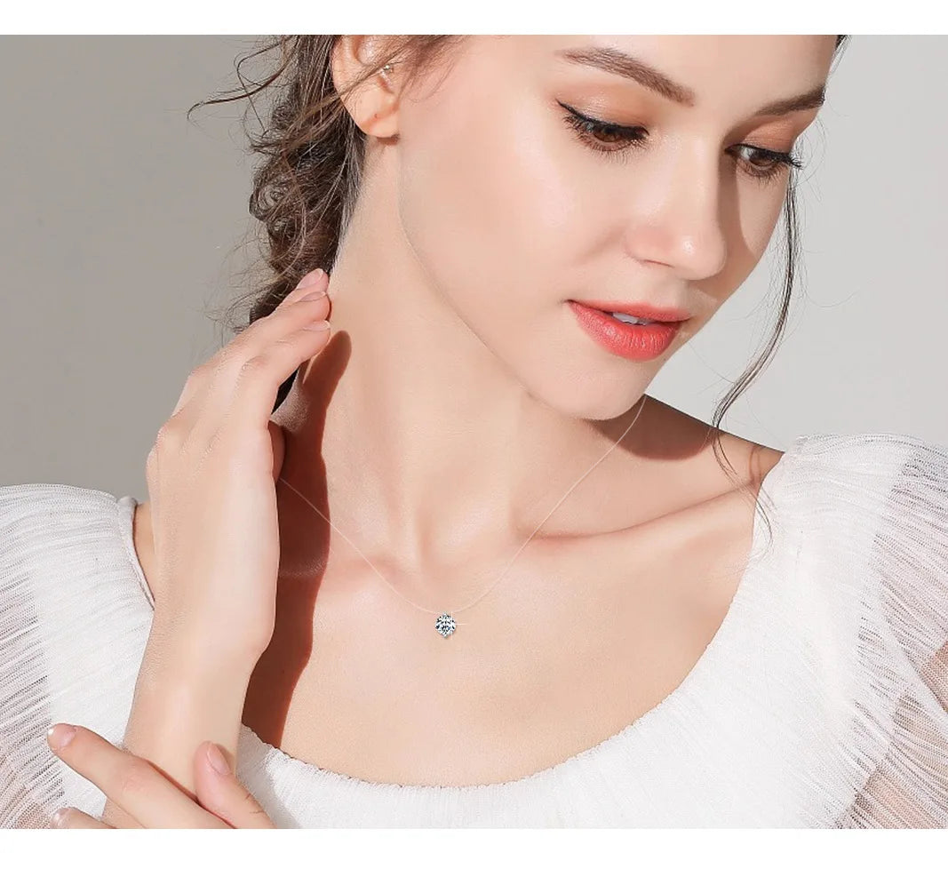 Moissanite Necklace for Women – 0.5ct 1ct 2ct 3ct Certified Brilliant Cut Pendant | Sparkling Fishing Line Design Pure 925 Sterling Silver