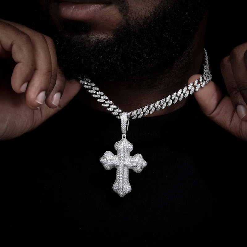 Moissanite Cross Pendant – D VVS Full Iced Out Design | 925 Sterling Silver Hip Hop Jewelry for Men & Women