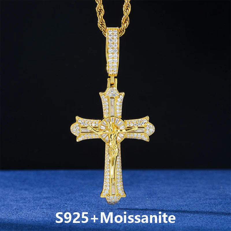 Moissanite Cross Pendant – D VVS Jesus Crucifix | 18K Gold Plated 925 Silver Religious Jewelry for Men & Women