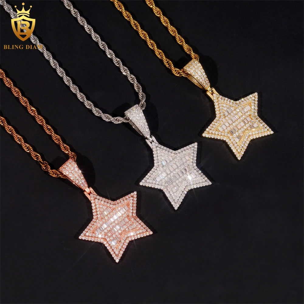 Moissanite Star Pendant – Rectangular Hip Hop Design | S925 Sterling Silver with Certificate Fits 3mm Tennis Chain