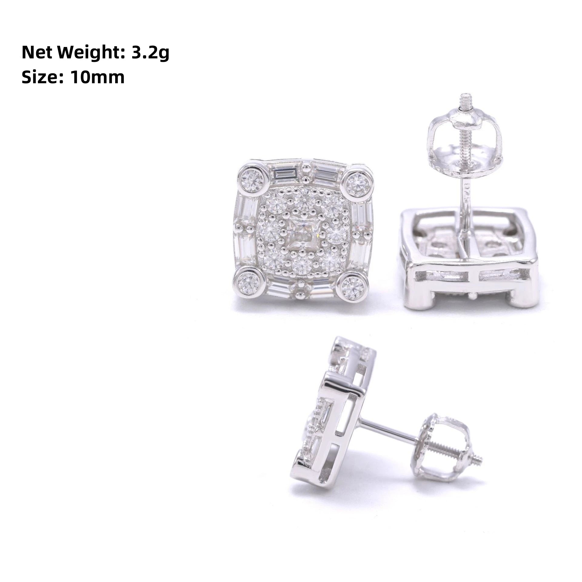 Moissanite Stud Earrings – 10mm Square D Color with Certificate | S925 Sterling Silver Fine Jewelry Gifts
