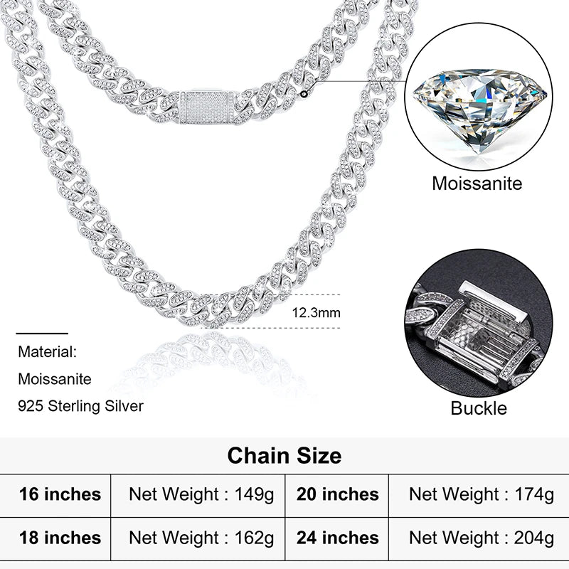 Moissanite Cuban Link Chain Necklace – 12mm Iced Out | 925 Sterling Silver Hip Hop Jewelry for Men & Women