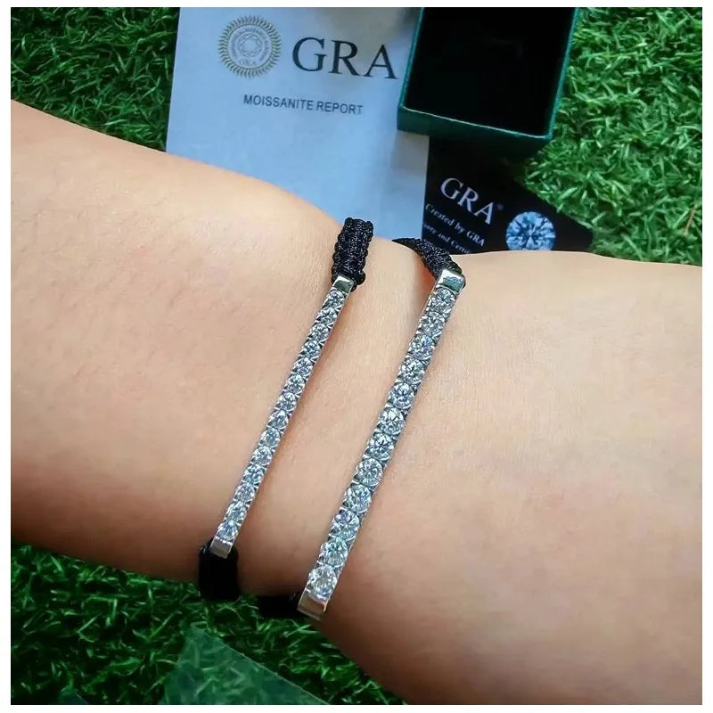 Moissanite Adjustable Bracelet – D Color with GRA Certificate | 925 Sterling Silver Braided Rope Chain Jewelry for Men & Women