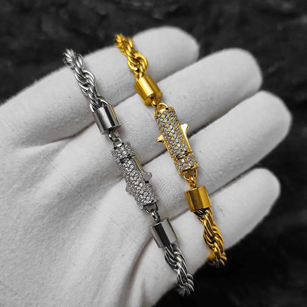 Rope Chain Necklace – 6mm Twist Design with Iced Out Clasp | Stainless Steel Hip Hop Jewelry for Men & Women