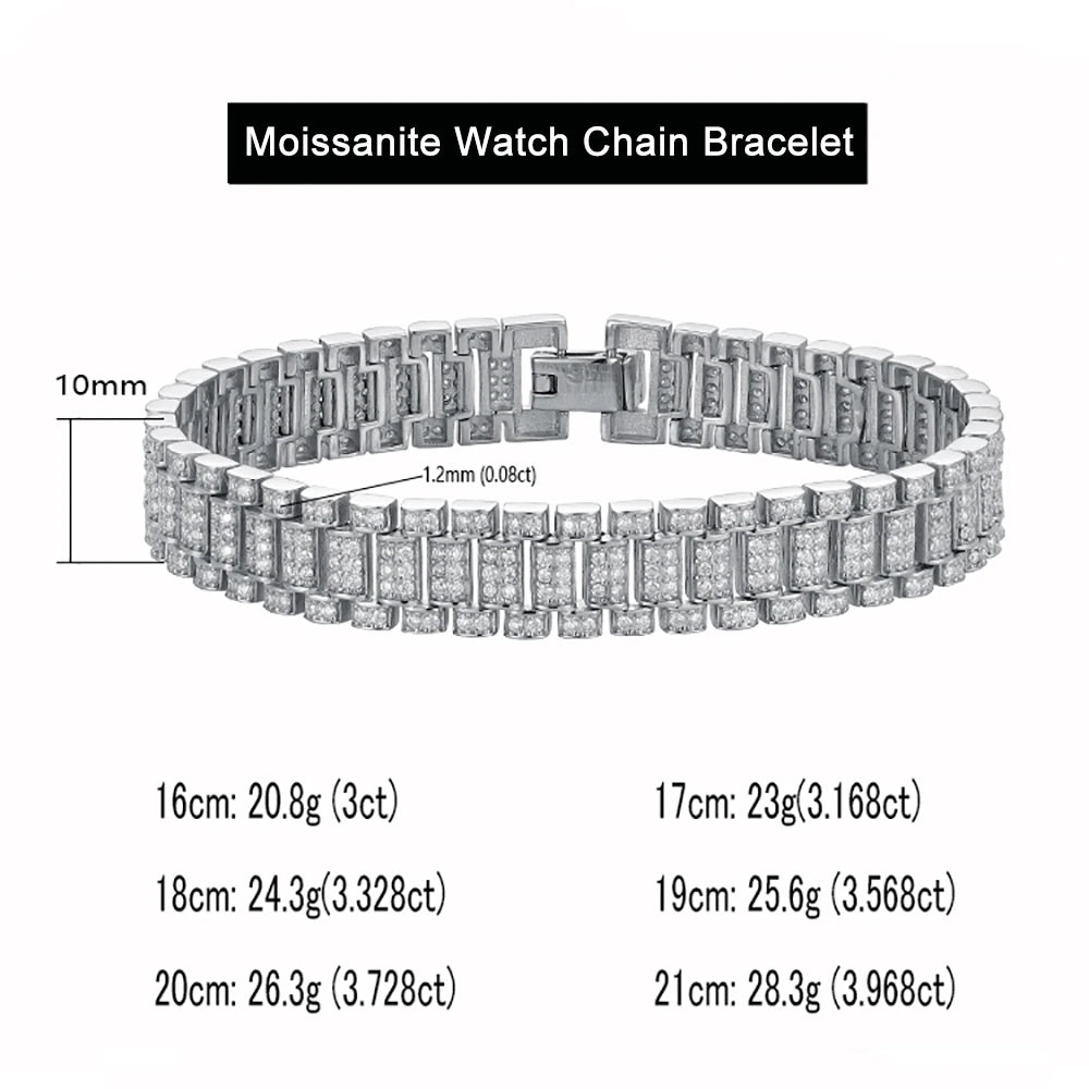 Moissanite Watch Chain Bracelet – 1.2mm Certified Full Diamond Bangle with GRA | 925 Sterling Silver Fine Jewelry for Women & Men