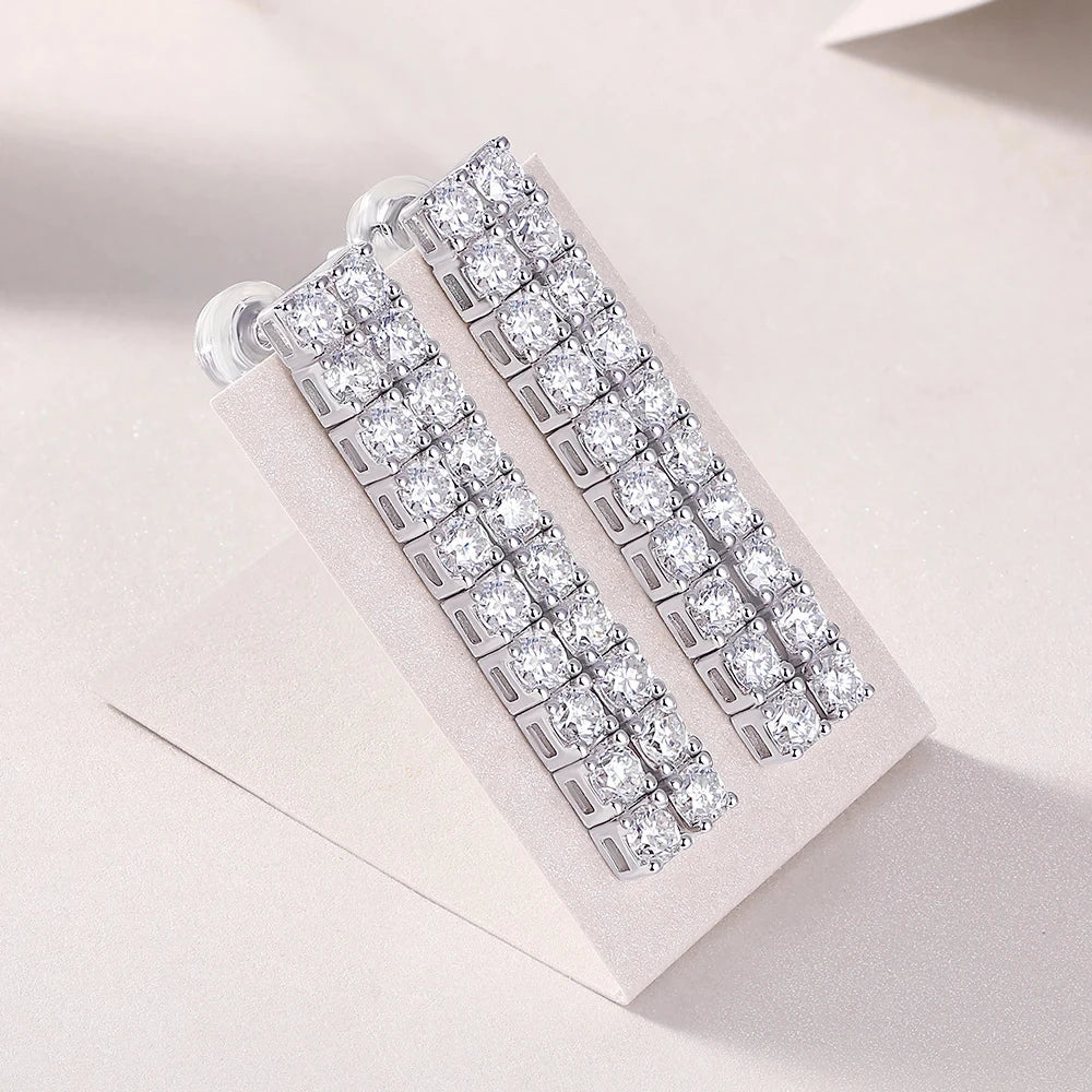 Moissanite Drop Earrings – 4CTW 3mm Double Row Long Tassel Dangle Earrings | 925 Sterling Silver Jewelry for Women