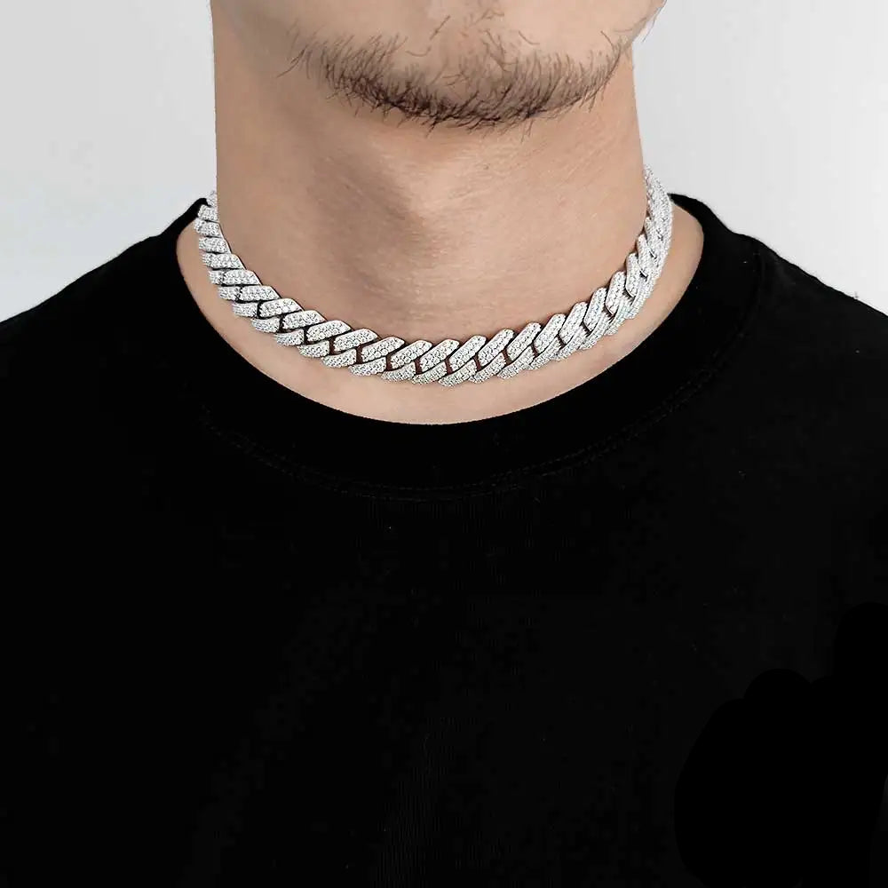 Moissanite Cuban Link Chain Necklace – 15mm Hip Hop Iced Out VVS Diamond Miami Style with Box Buckle | 925 Sterling Silver Jewelry
