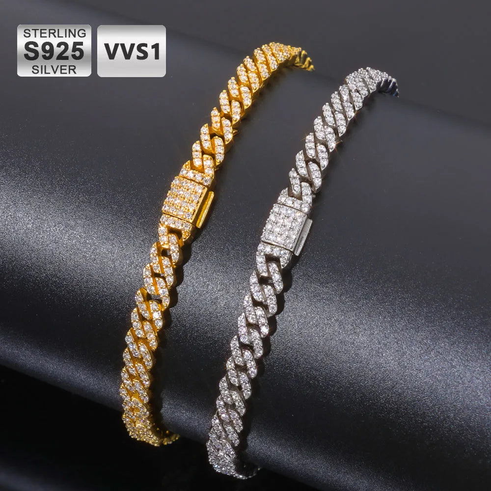 Moissanite Cuban Chain Bracelet – 5mm Single Row Prong Setting D Color VVS | 925 Sterling Silver Hip Hop Jewelry