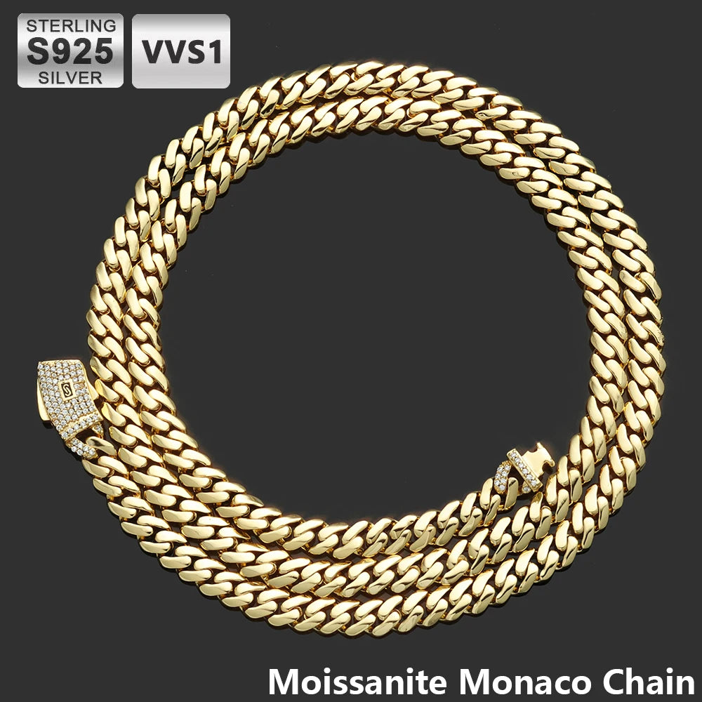 Moissanite Monaco Chain Choker Necklace – Thick Iced Out Diamond Clasp 14K Gold Plated | 925 Sterling Silver Cuban Link Jewelry for Men