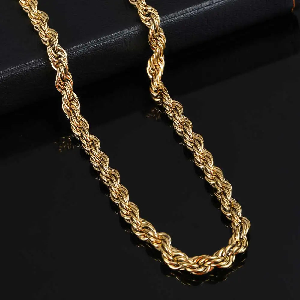 Rope Chain Necklace – 6mm Twist Design with Iced Out Clasp | Stainless Steel Hip Hop Jewelry for Men & Women