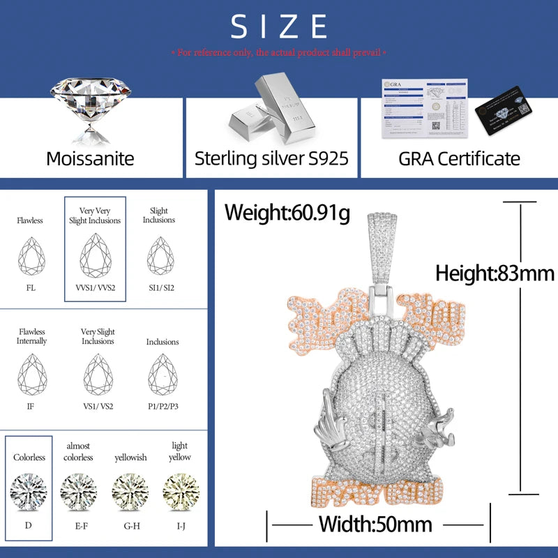 Moissanite Money Bag Pendant Necklace – Iced Out Dollar Design | S925 Sterling Silver Hip Hop Jewelry for Men & Women