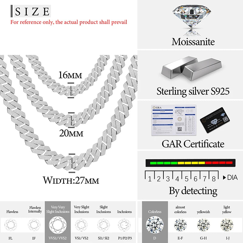 Moissanite Cuban Link Chain Necklace – 16mm 20mm 27mm Miami | S925 Sterling Silver Hip Hop Jewelry for Men & Women