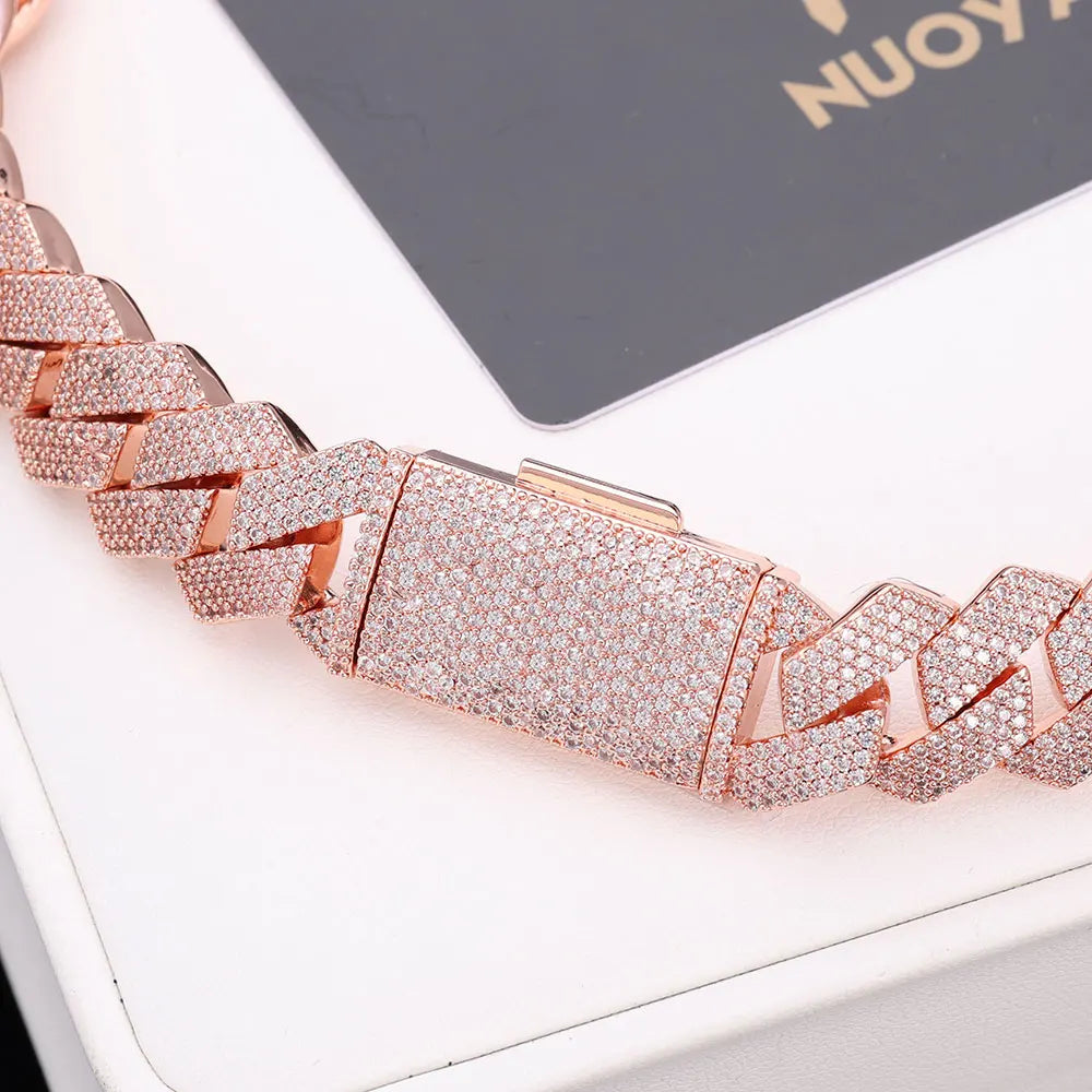 Moissanite Cuban Chain Necklace & Bracelet – 15mm 4 Rows Round Cut VVS Diamond with GRA Certificate | 925 Sterling Silver Jewelry Gift