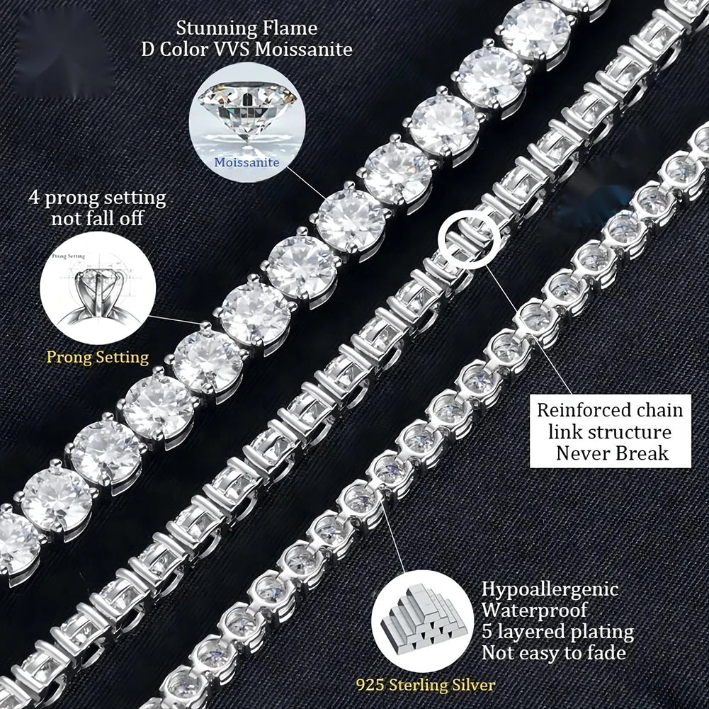 Moissanite Tennis Chain Necklace – 3mm 4mm 5mm D Color VVS Pass Diamond Test with GRA Certificate | 925 Sterling Silver Jewelry