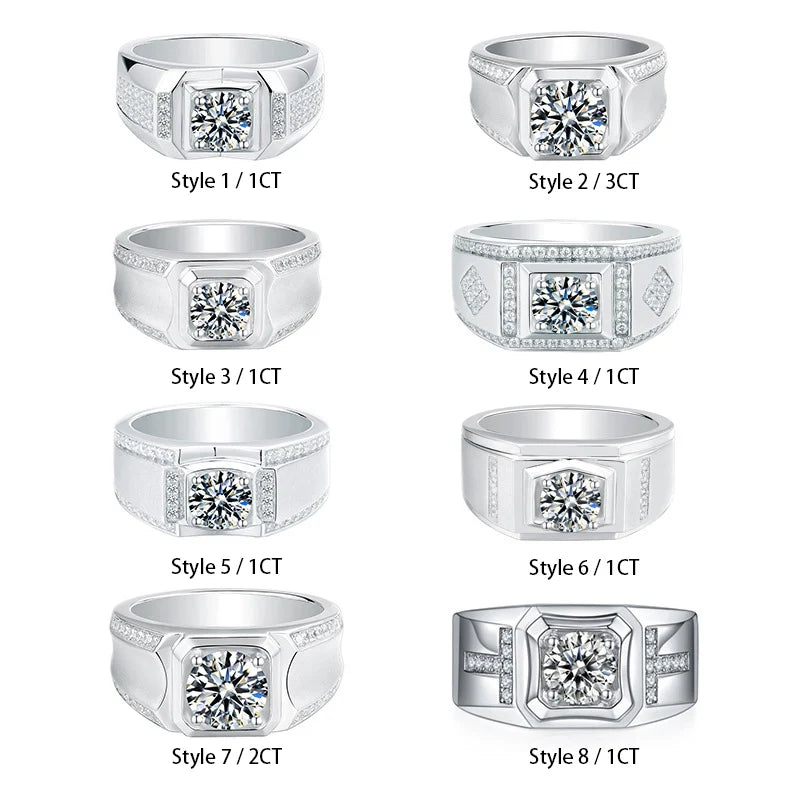 Luxury Moissanite Ring for Men – 1ct 2ct 3ct VVS Iced Out Diamond Ring with GRA Certificate | 925 Sterling Silver Fine Jewelry