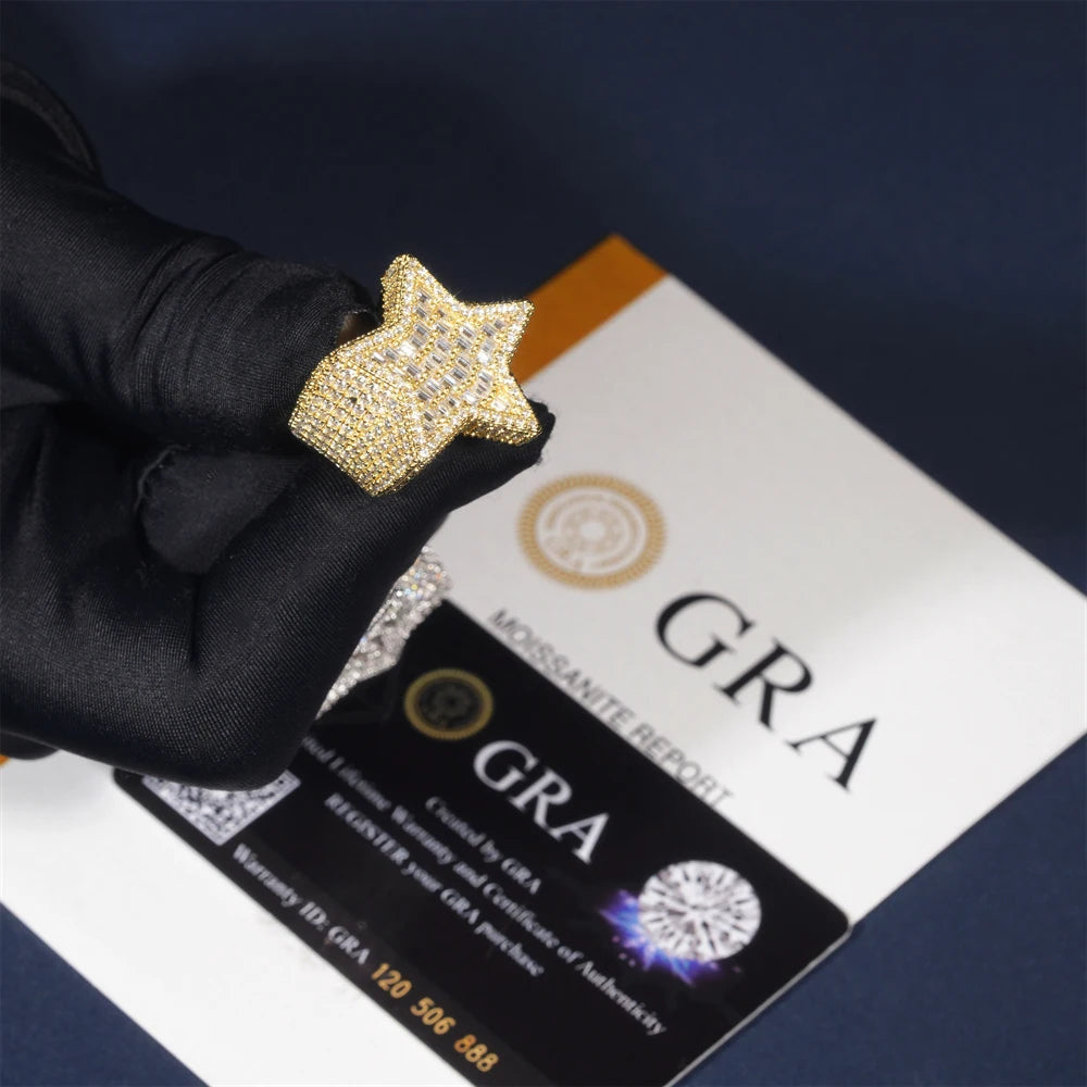 Moissanite Star Ring – D Color with GRA Certificate | 925 Sterling Silver Hip Hop Jewelry